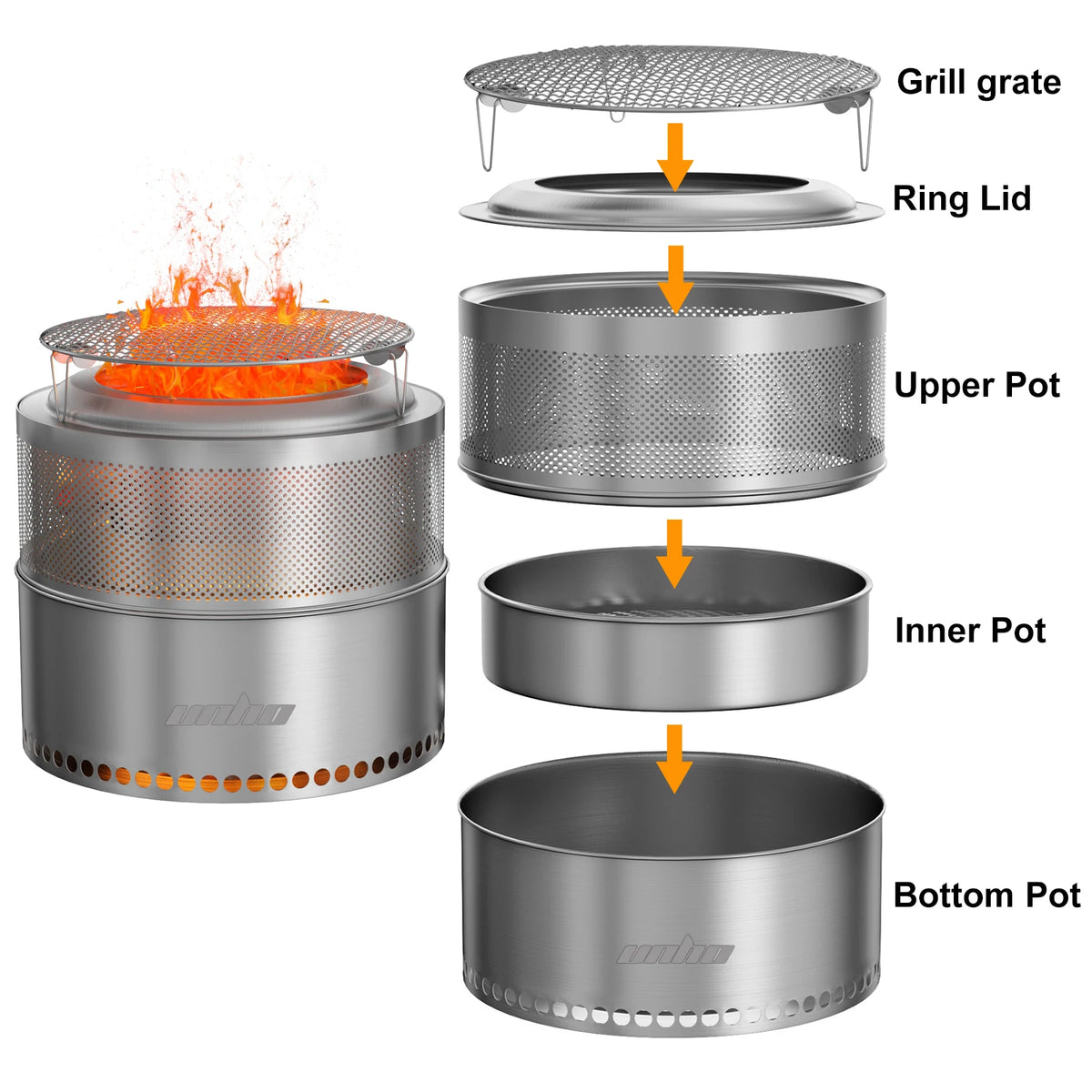 UNHO19-inch smokeless fire pit, used for outdoor wood burning, portable 304 stainless steel camping stove, perforated fireplace, suitable for outdoor heating, hunting, barbecue and ice fishing.