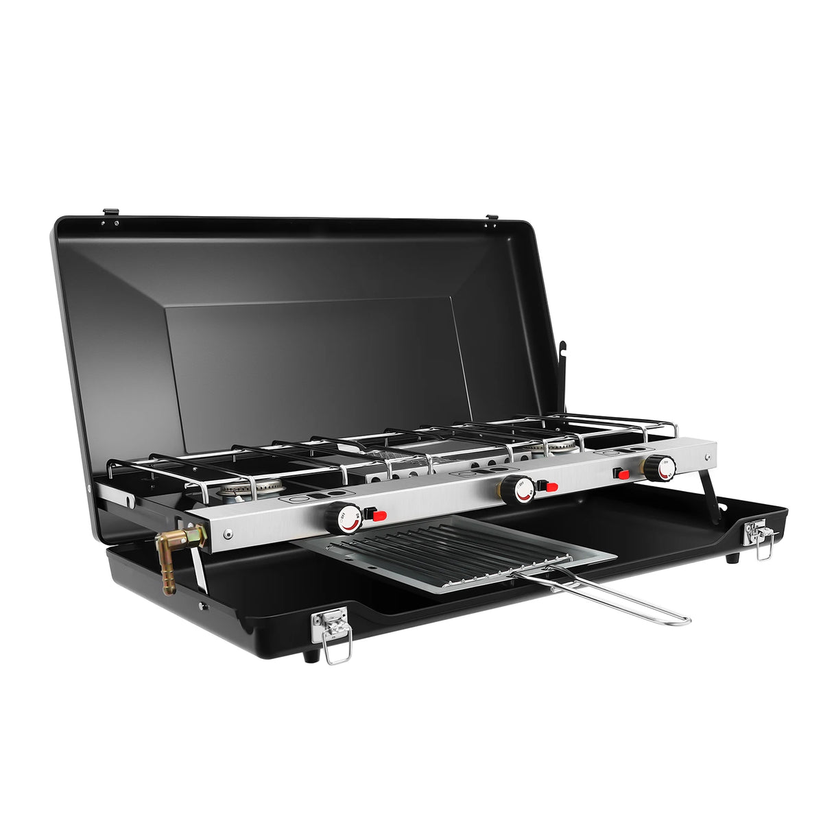 Portable Gas Camping Stove 3 Burners 4.5KW Total Power Cold Rolled Sheet Rust Resistant Piezo Ignition Windproof Lid Foldable Lockable Anti-slip Feet No Assembly Lightweight Tabletop Gas Cooker For Outdoor Camping Picnic BBQ