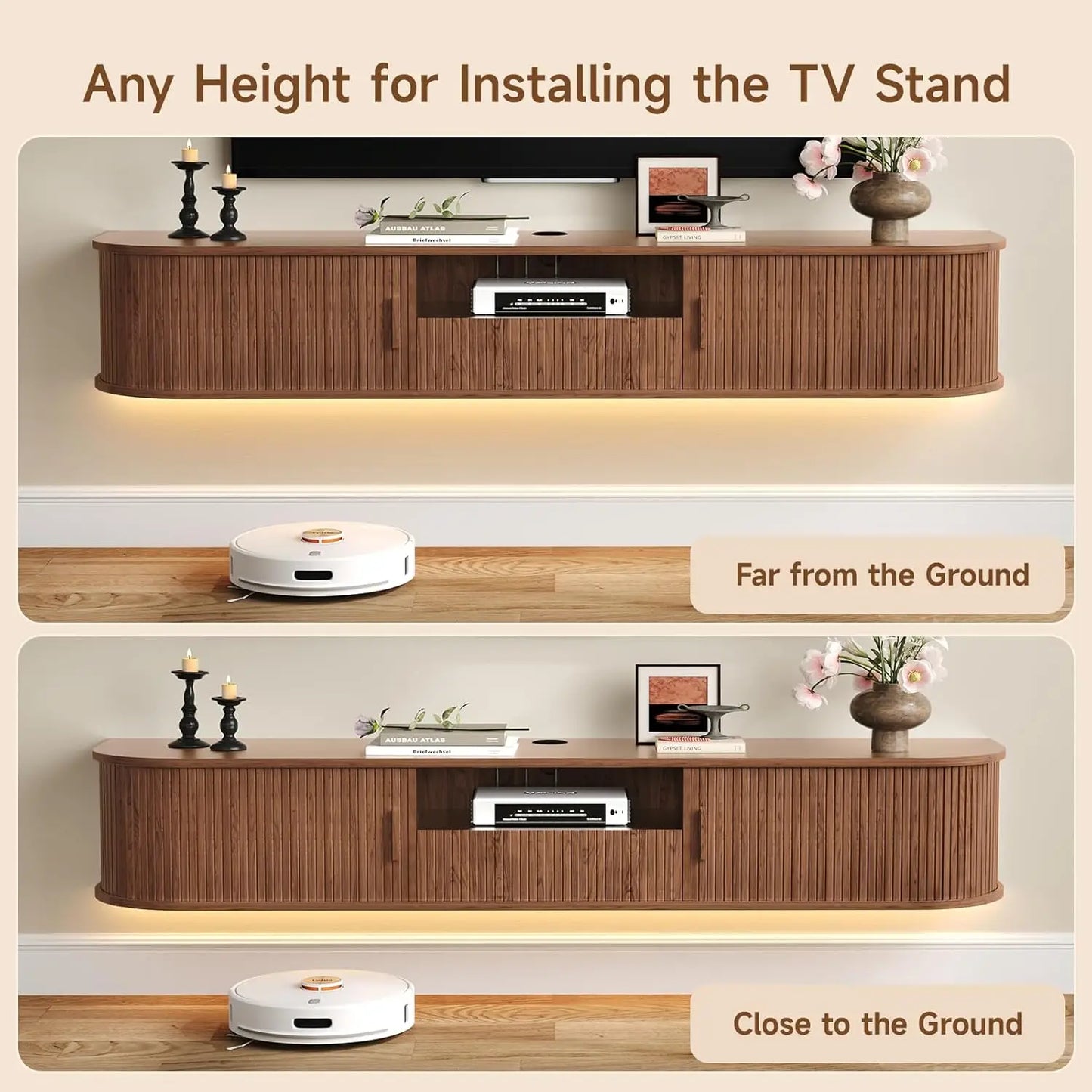 70 Inch Smart Floating TV Stand with LED Lights & Power Outlet - App Control Entertainment Center for 80" TVs, Mid-Century Modern Fluted Wood Design Living Room Storage Cabinet,Walnut