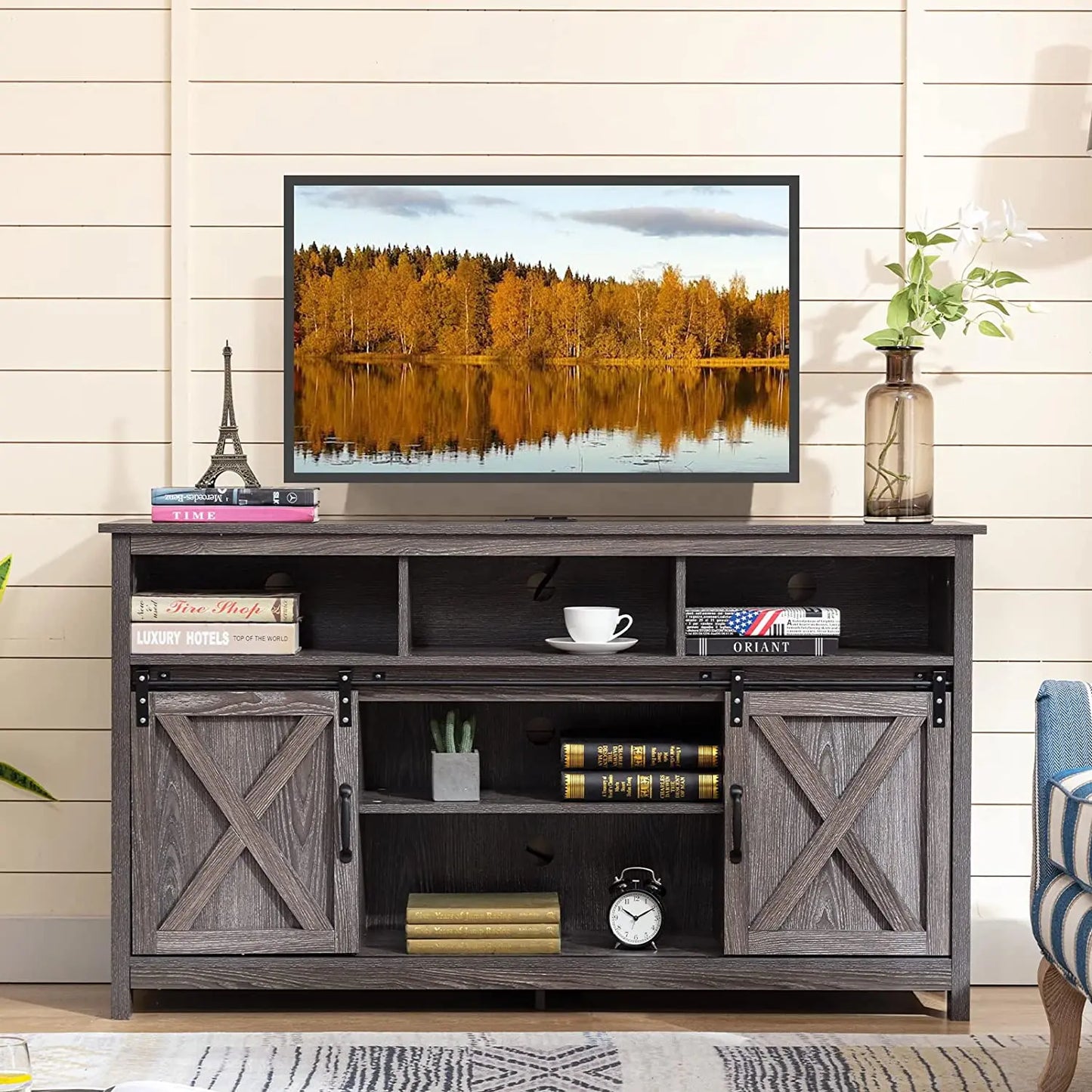 TV Stand Farmhouse Coffee Bar Cabinet Rustic Sliding Barn Door Storage Cabinet with Power Outlet & LED Light, Wooden TV Cabinet