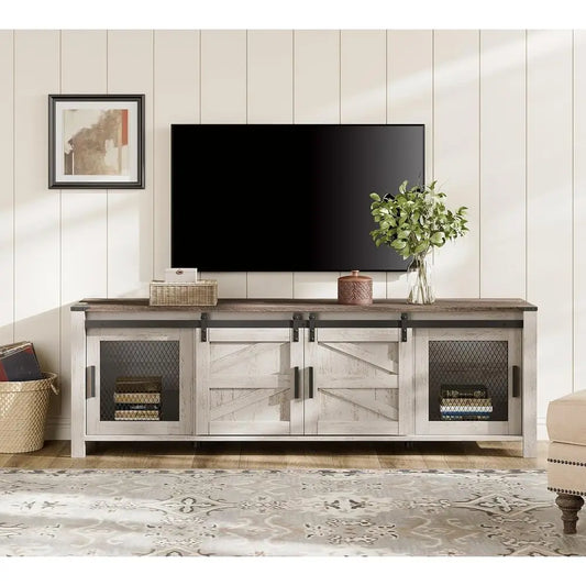 Wooden TV Stand for 75 TVs, Entertainment Center with Mesh Door, Storage Shelves, Rustic Oak and White