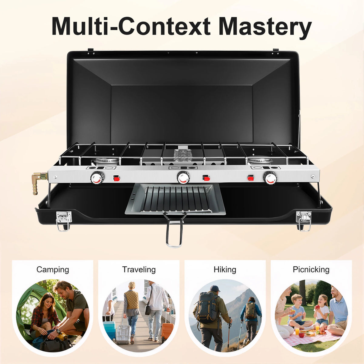 Portable Gas Camping Stove 3 Burners 4.5KW Total Power Cold Rolled Sheet Rust Resistant Piezo Ignition Windproof Lid Foldable Lockable Anti-slip Feet No Assembly Lightweight Tabletop Gas Cooker For Outdoor Camping Picnic BBQ