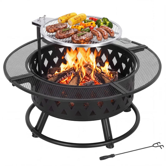39 Inch Wood Burning Fire Pit With Grill Grate, Round Outdoor Firepit Table With Mesh Guard For Patio Backyard Bbq Camping