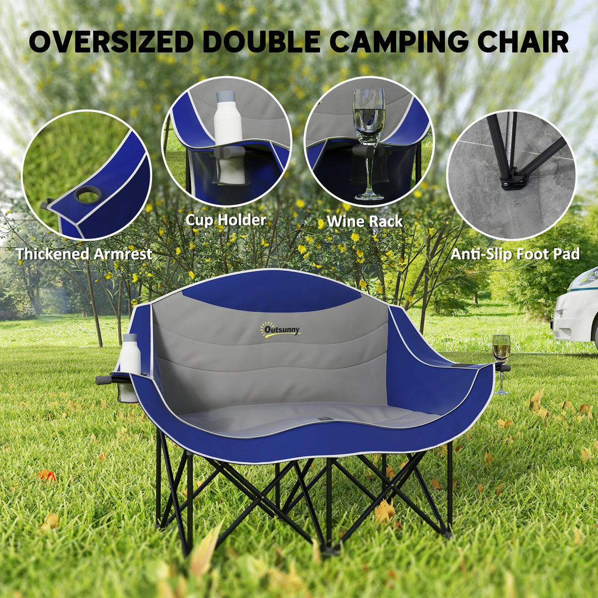 Double Camping Chair for Adults, Padded Folding Camp Chair, Blue