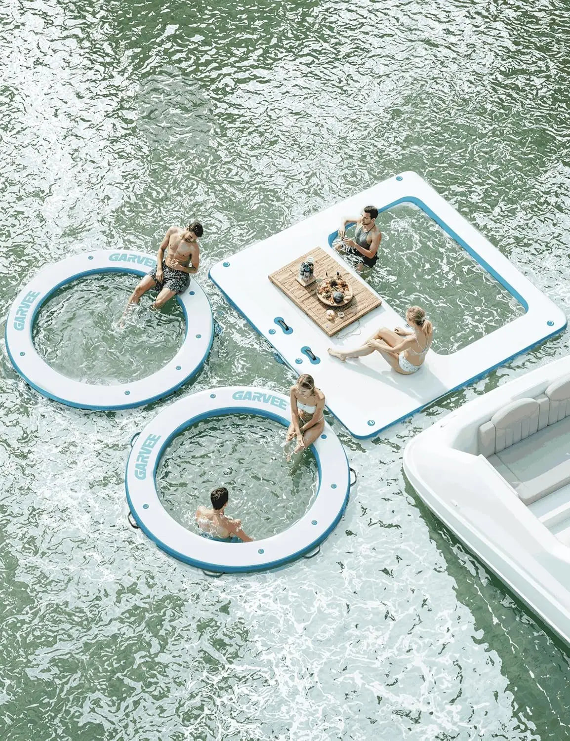 Round Inflatable Floating Platform, PVC Water Float Dock for Lake Pool and Boat, 8 x 8 ft Floating Island with 6 ft Open Center, White Blue Recreational Swim Raft