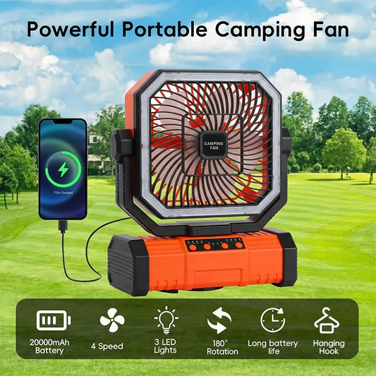 20000mAh Camping Fan with LED Lantern, Rechargeable Battery Operated Oscillating Fan with Remote & Hook, Portable Tent Fan 4 Speeds for Outdoor Camp RV Jobsite Power Outage