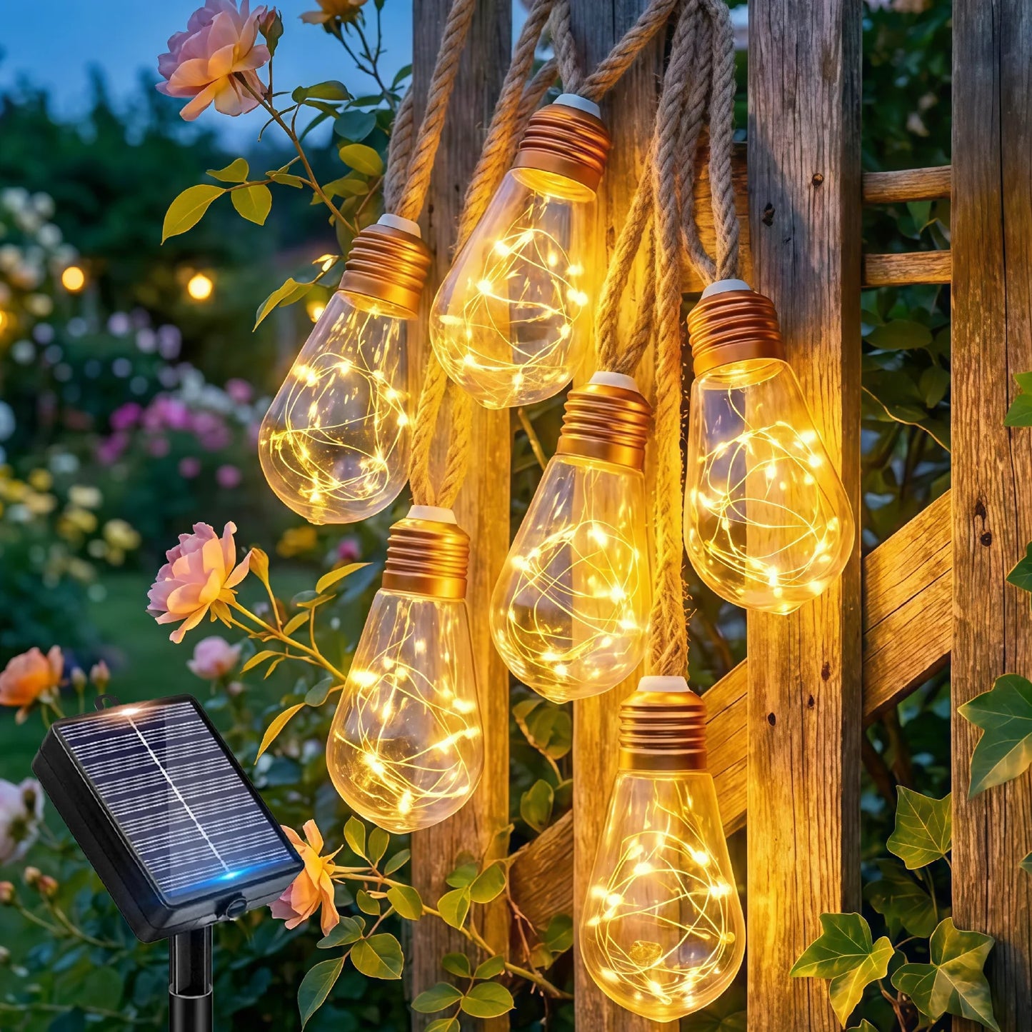 Outdoor solar light string, 10/25 bulb hanging retro hemp rope light string, light source sensing on/off, 12 modes transparent bulb garden string lights, suitable for courtyard, fence, eaves, terrace, wedding decoration, Chri