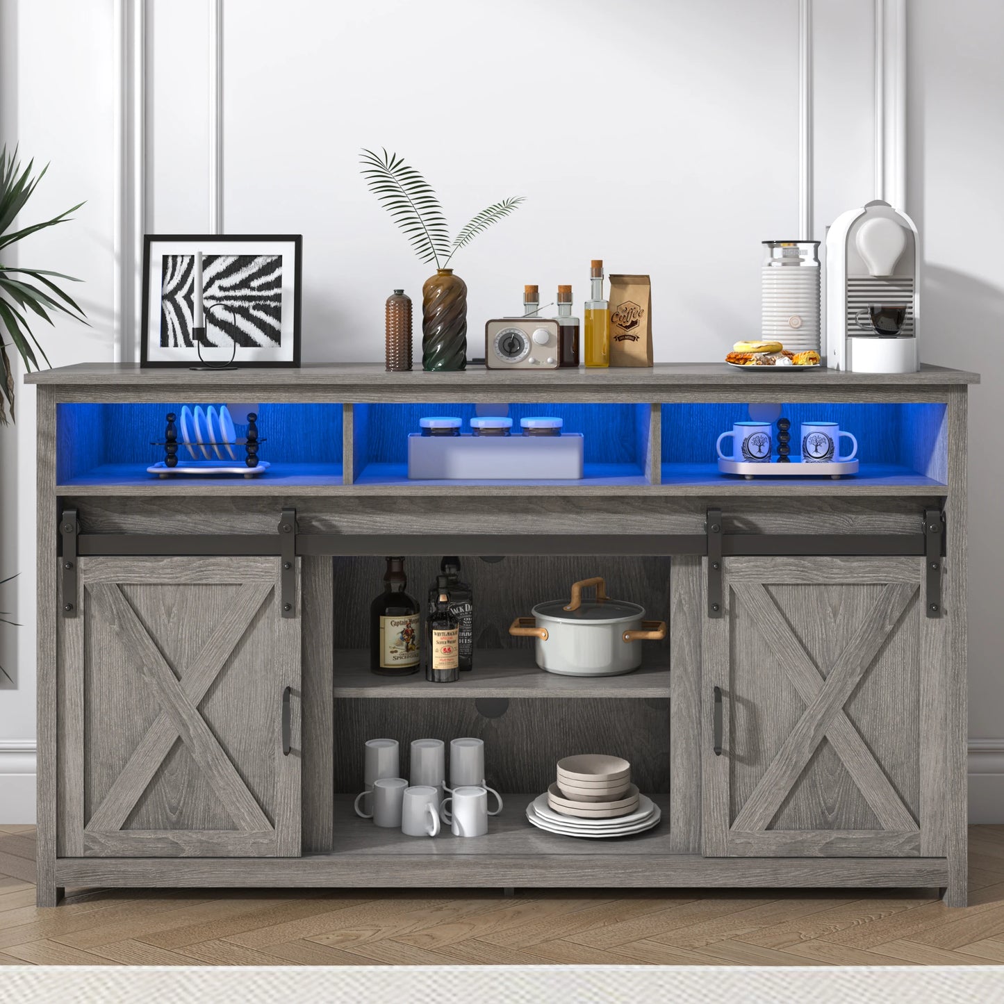 TV Stand Farmhouse Coffee Bar Cabinet Rustic Sliding Barn Door Storage Cabinet with Power Outlet & LED Light, Wooden TV Cabinet