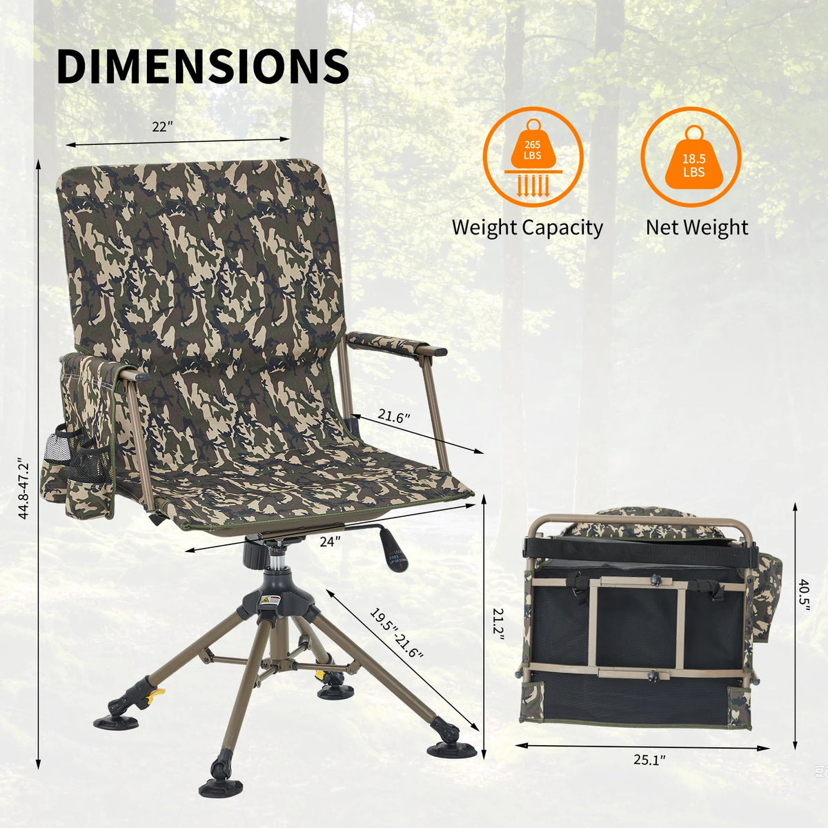 360° Swivel Folding Dining Chair Mesh Backrest Heavy-Duty Steel Frame 330 lb Capacity Leaf Camouflage Portable Camping Chair Hunting Hammock Seat Outdoors Low Down Hunting Seat for Fishing Camping