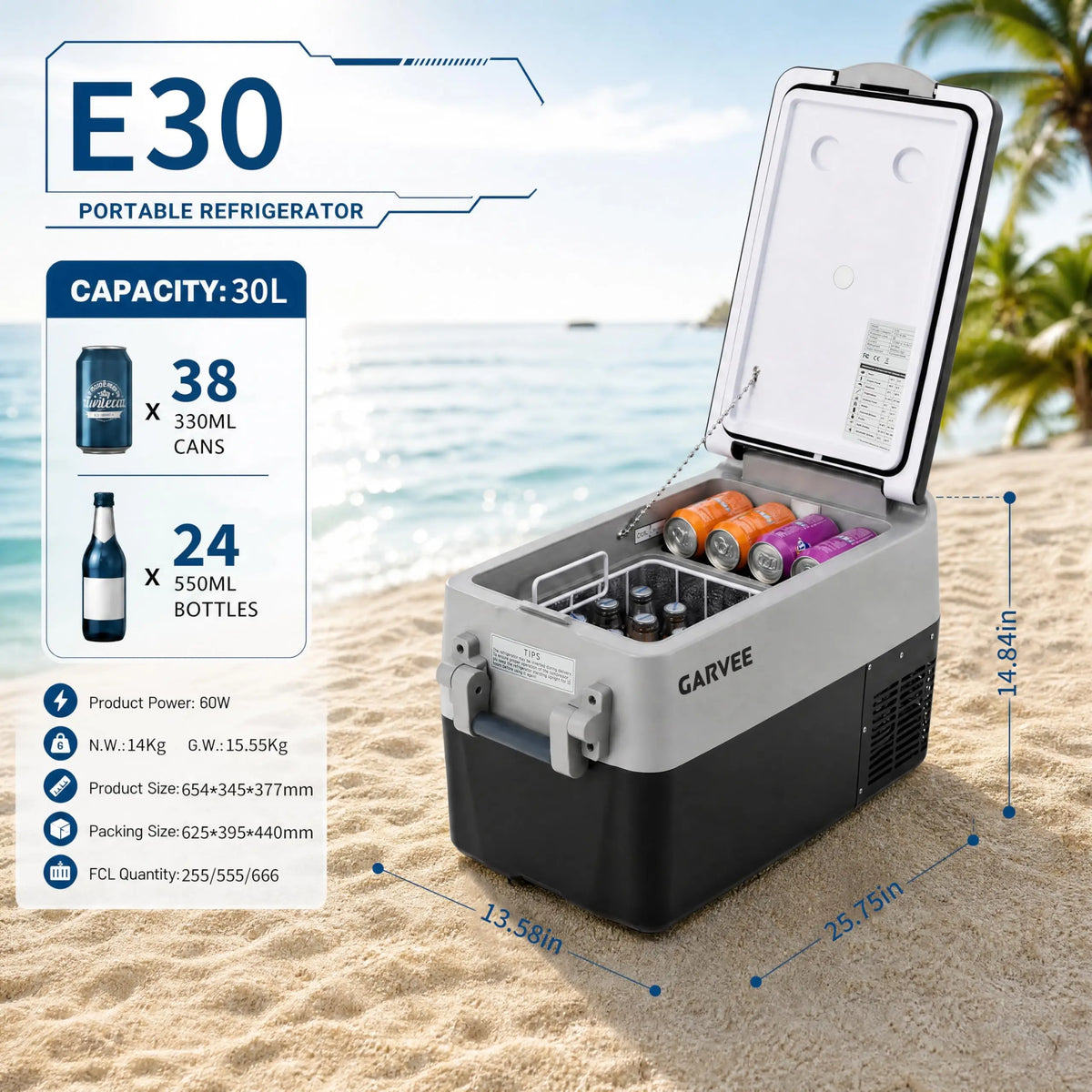 Dual Zone Car Refrigerator Freezer 32QT 12V Portable Vehicle Cooler With App Control Metal Basket AC DC Power For Camping RV Truck Fishing Travel Home
