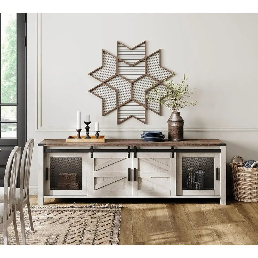 Wooden TV Stand for 75 TVs, Entertainment Center with Mesh Door, Storage Shelves, Rustic Oak and White