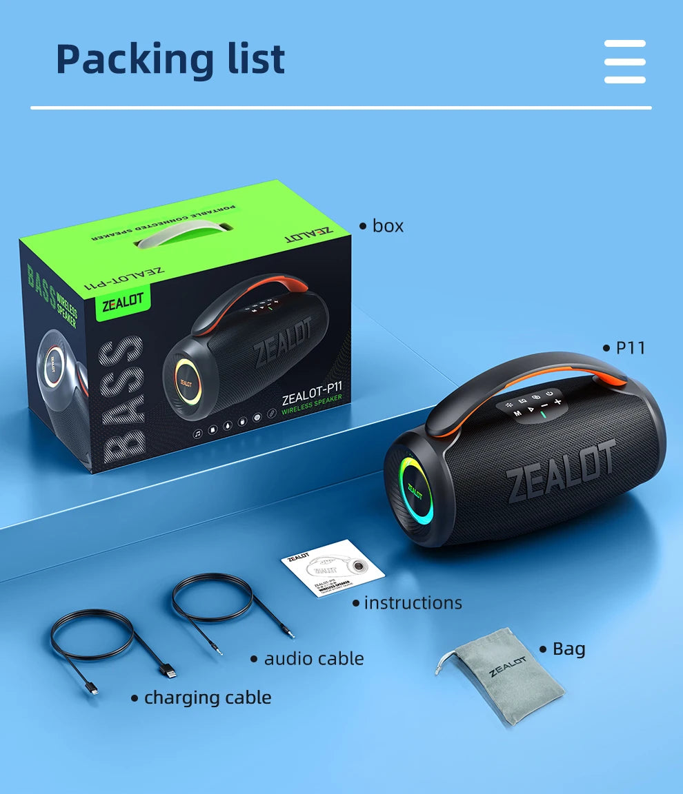ZEALOT-P11 Bluetooth Speaker 50W Wireless Party Speaker with Bluetooth 5.4 Stereo Sound Comfortable handle Controllable Lightin Portable For Outdoors Long Battery Life