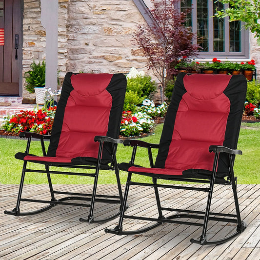 2PC Oversized Folding Rocking Camping Chairs, Portable Outdoor Rockers, Red