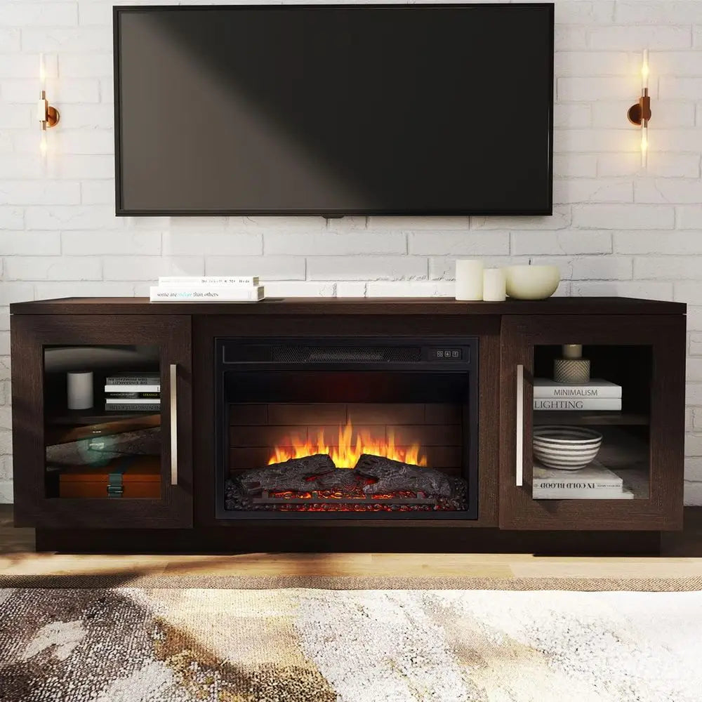 65 TV Stand with Wooden Media Center, 6 Shelves, Barn Door, Electric Fireplace, Remote & Adjustable Flame