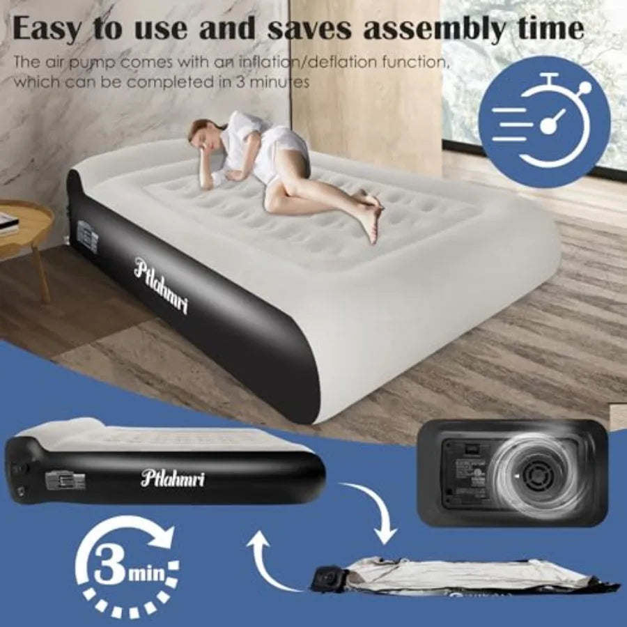 Camping Home Guest Air Mattress, PVC Flocked Top, Gray, 3-Minute Fast Inflation/Automatic Deflation