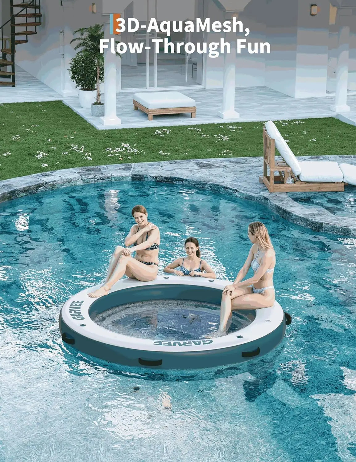 Round Inflatable Floating Platform, PVC Water Float Dock for Lake Pool and Boat, 8 x 8 ft Floating Island with 6 ft Open Center, White Blue Recreational Swim Raft