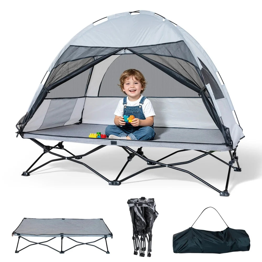 Protable Toddler Travel Bed with Tent: Foldable Kid Cot Tent for Family Camping Hiking