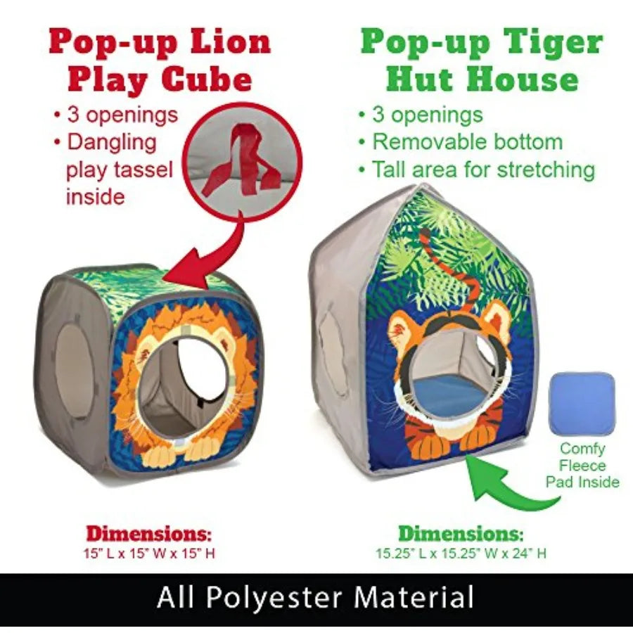 Safari Jungle Cat Play Set, Collapsible Pop-Up Cat Toys Combo with Cube, Tunnel and Hideout, Interactive Indoor Kitty Playhouse