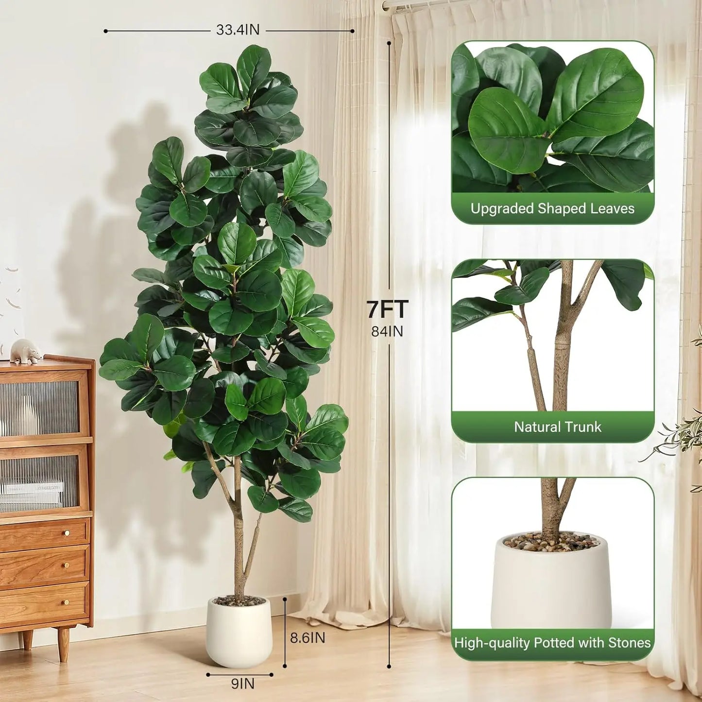 4-7 FT Fiddle Leaf Fig Tree Artificial Realistic Faux Ficus Lyrata Trees in White Planter Pot, Fake Floor Plants for Home Garden
