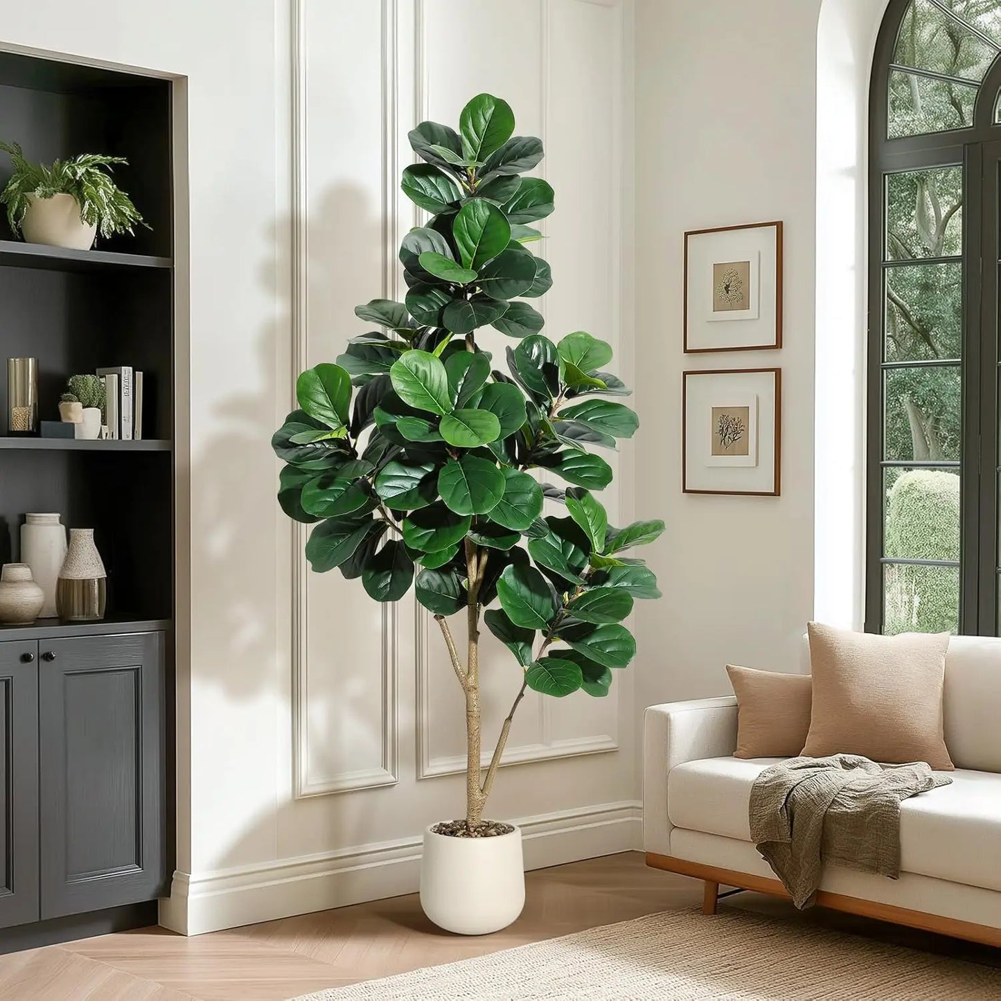 4-7 FT Fiddle Leaf Fig Tree Artificial Realistic Faux Ficus Lyrata Trees in White Planter Pot, Fake Floor Plants for Home Garden