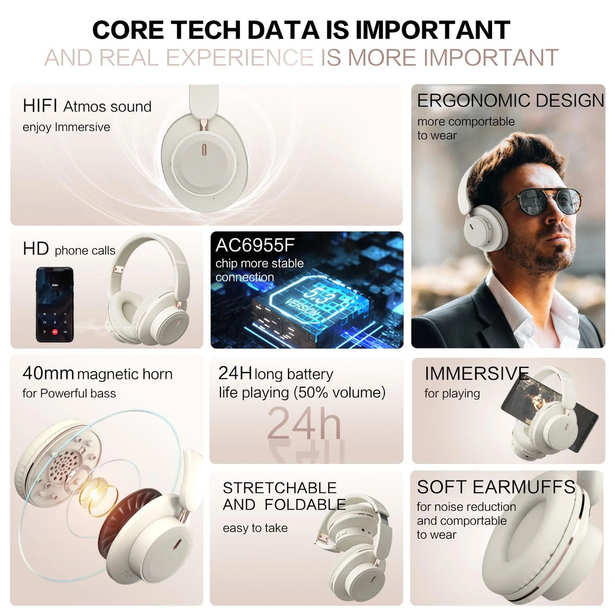 Bluetooth Headphones Over Ear Wireless Headset BT5.3 Foldable Portable Hi-Res Audio Fashion Aesthetic Deep Bass Stereo 24H Battery Fast Charge Dual Mode With Mic Noise Isolation For Students Content Creators Remote Work Trave