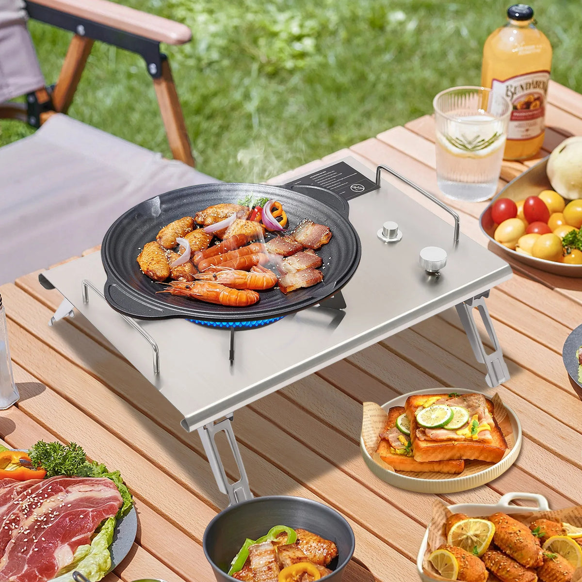 Portable Outdoor Folding Gas Stove 4 Foldable Leg Cotton Padded Storage Bag Insulated Handle Even Flame Holes Electronic Ignition Camping Cooker Infinitely Adjustable Flame Tabletop Inlay Gas Burner For Mountaineering Spring