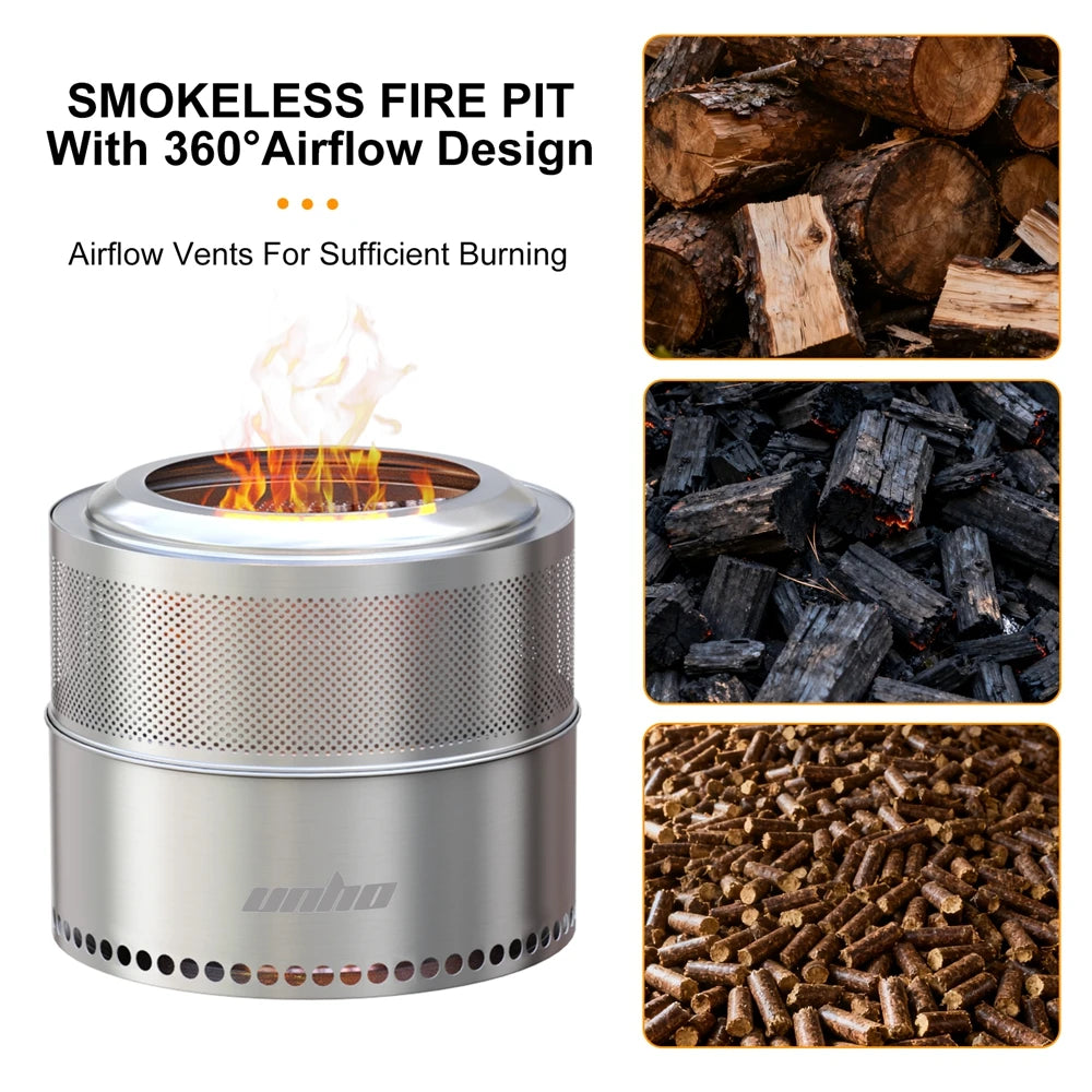 UNHO19-inch smokeless fire pit, used for outdoor wood burning, portable 304 stainless steel camping stove, perforated fireplace, suitable for outdoor heating, hunting, barbecue and ice fishing.