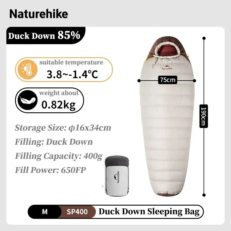 Naturehike Upgraded SP400 650FP Ultralight Sleeping Bag Camping Travel Hiking Duck Down Mummy Sleeping Bags for Winter Autumn