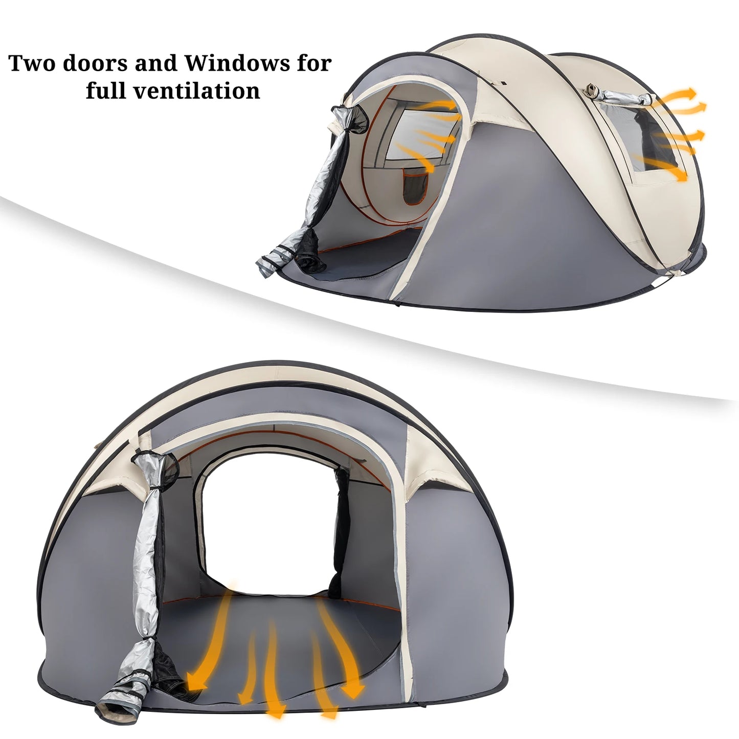 4 Person Pop Up Tent Instant Setup Family Camping Portable Waterproof 190T Polyester Fiberglass Poles with Vestibule Khaki