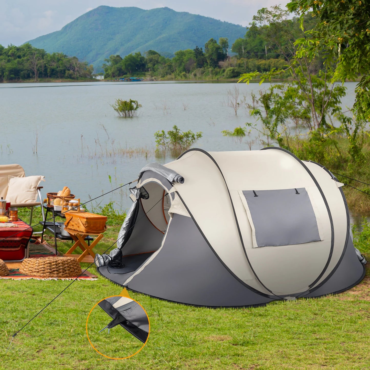 4 Person Pop Up Tent Instant Setup Family Camping Portable Waterproof 190T Polyester Fiberglass Poles with Vestibule Khaki