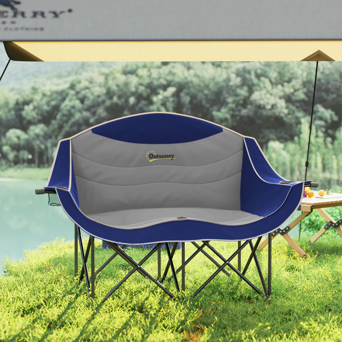 Double Camping Chair for Adults, Padded Folding Camp Chair, Blue