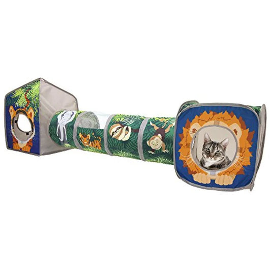 Safari Jungle Cat Play Set, Collapsible Pop-Up Cat Toys Combo with Cube, Tunnel and Hideout, Interactive Indoor Kitty Playhouse