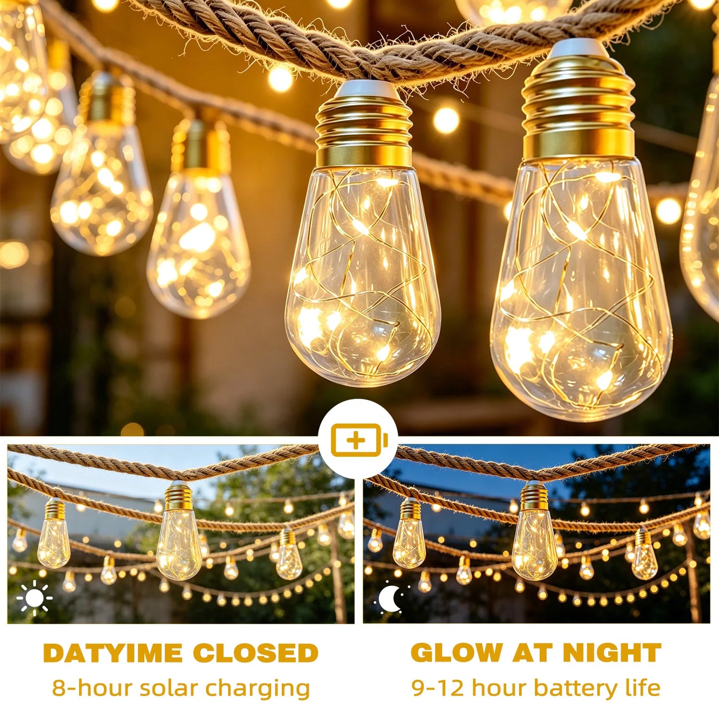 Outdoor solar light string, 10/25 bulb hanging retro hemp rope light string, light source sensing on/off, 12 modes transparent bulb garden string lights, suitable for courtyard, fence, eaves, terrace, wedding decoration, Chri