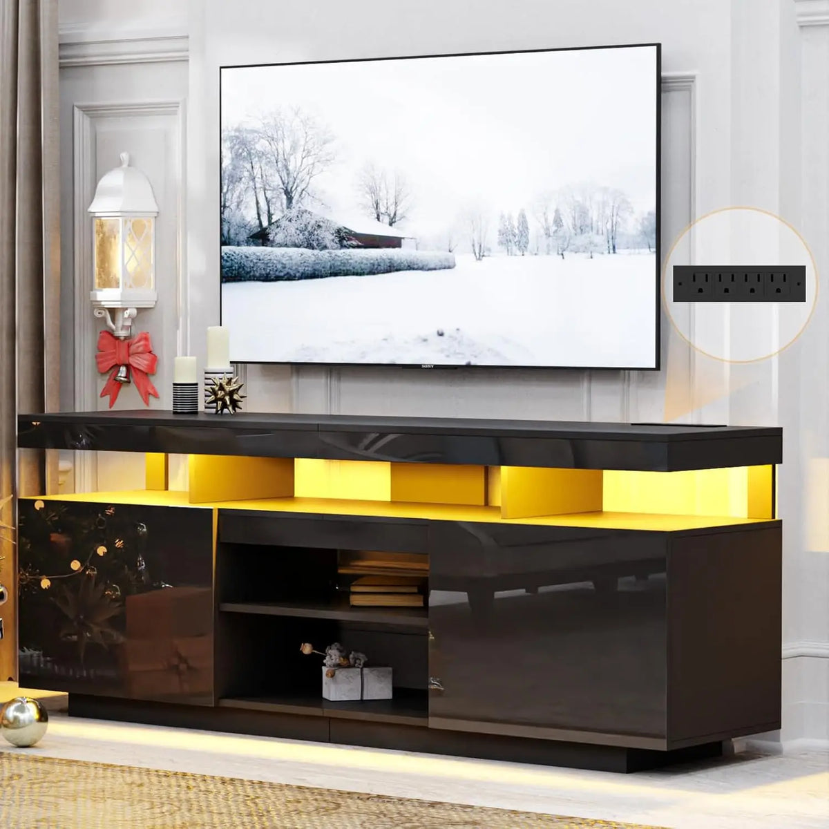 70 Inch LED TV Stand with Power Outlets, Modern Entertainment Center with LED Lights for Living Room, Black Grey, Customized