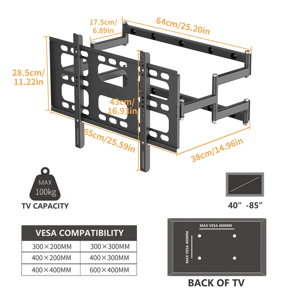 Full Motion Swivel TV Wall Mount Bracket for 40-85 Inches with Articulating Dual Arm