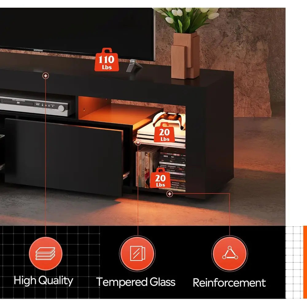 63 Inch TV Stand or 55/65/70 Inch TVs, ern Entertainment Center with 20 LED Lights & 2 Large Storage Ders, Media ole Table, Gami