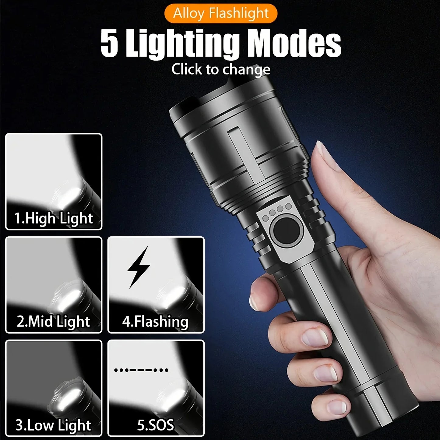 Zoomable LED Flashlight with Lens Ignition Function, Rechargeable High Power Tactical Flashlight, USB Charging Portable Torch with Power Indicator Light, Perfect for Outdoor Camping, Survival & Emergency Use
