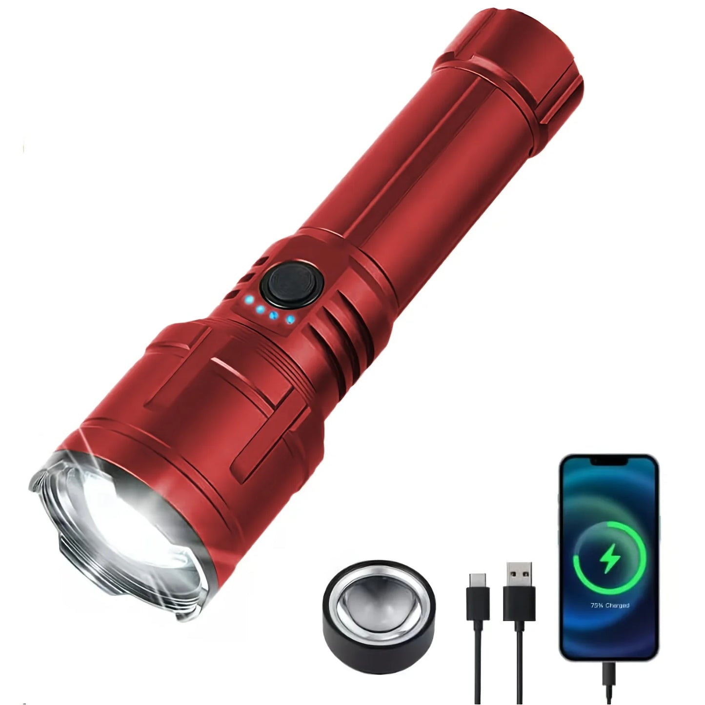 Zoomable LED Flashlight with Lens Ignition Function, Rechargeable High Power Tactical Flashlight, USB Charging Portable Torch with Power Indicator Light, Perfect for Outdoor Camping, Survival & Emergency Use