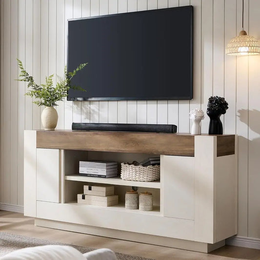 ern 70" TV Stand, Entertainment Center or TVs Up to 80", Media ole with Large Open Storage & Side Cabi, Thick Wood Design or Liv