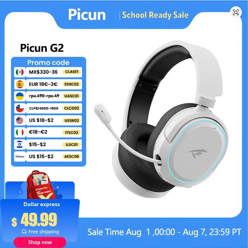 Picun G2 Wireless Gaming Headset Bluetooth 2.4G Headphones 7.1 Surround 5ms Low Latency ENC Mic for PC PS4 PS5 Phone Switch