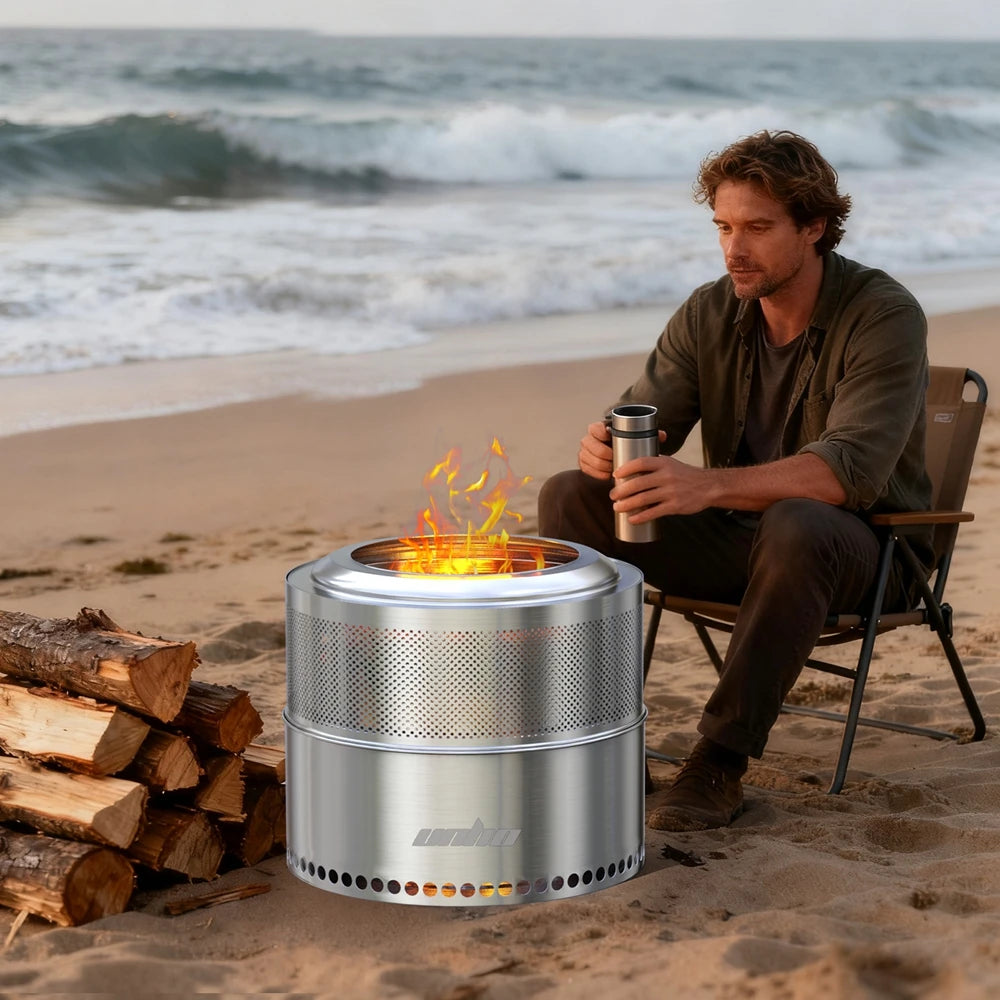 UNHO19-inch smokeless fire pit, used for outdoor wood burning, portable 304 stainless steel camping stove, perforated fireplace, suitable for outdoor heating, hunting, barbecue and ice fishing.