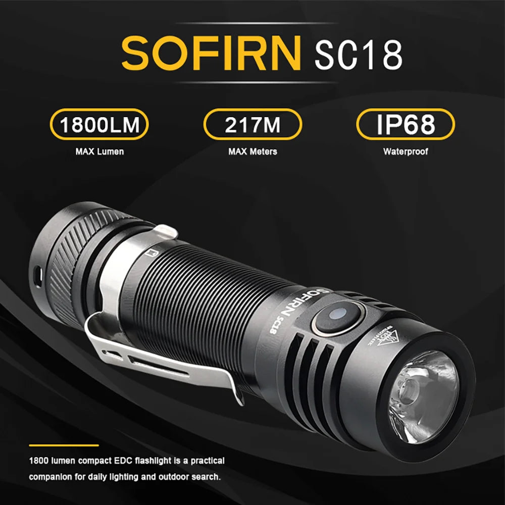 SOFIRN SC18 1800lm SST40 LED 18650 Torch TIR Optics Lens EDC Flashlight USB C Rechargeable Lantern