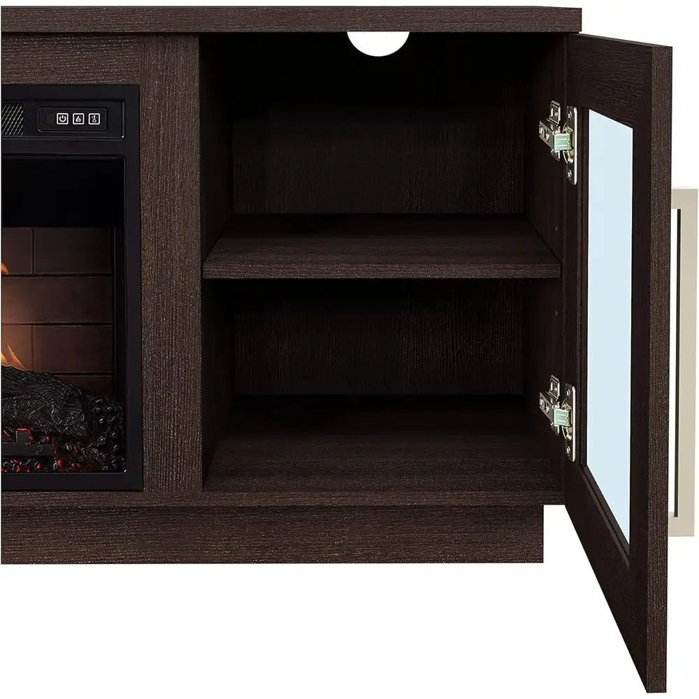 65 TV Stand with Wooden Media Center, 6 Shelves, Barn Door, Electric Fireplace, Remote & Adjustable Flame