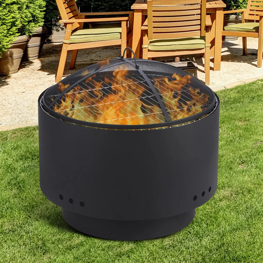 26 Inch Smokeless Wood Burning Fire Pit With Cooking Grate, Mesh Lid, Poker & Cover, Portable Outdoor BBQ Bonfire Pit For Patio Camping