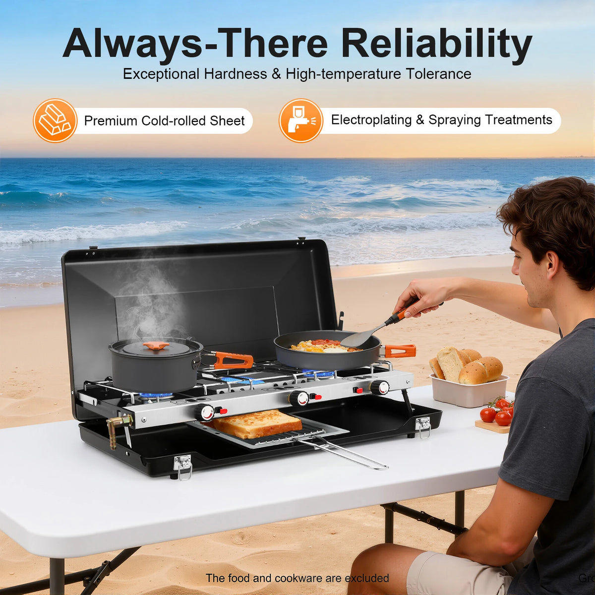 Portable Gas Camping Stove 3 Burners 4.5KW Total Power Cold Rolled Sheet Rust Resistant Piezo Ignition Windproof Lid Foldable Lockable Anti-slip Feet No Assembly Lightweight Tabletop Gas Cooker For Outdoor Camping Picnic BBQ
