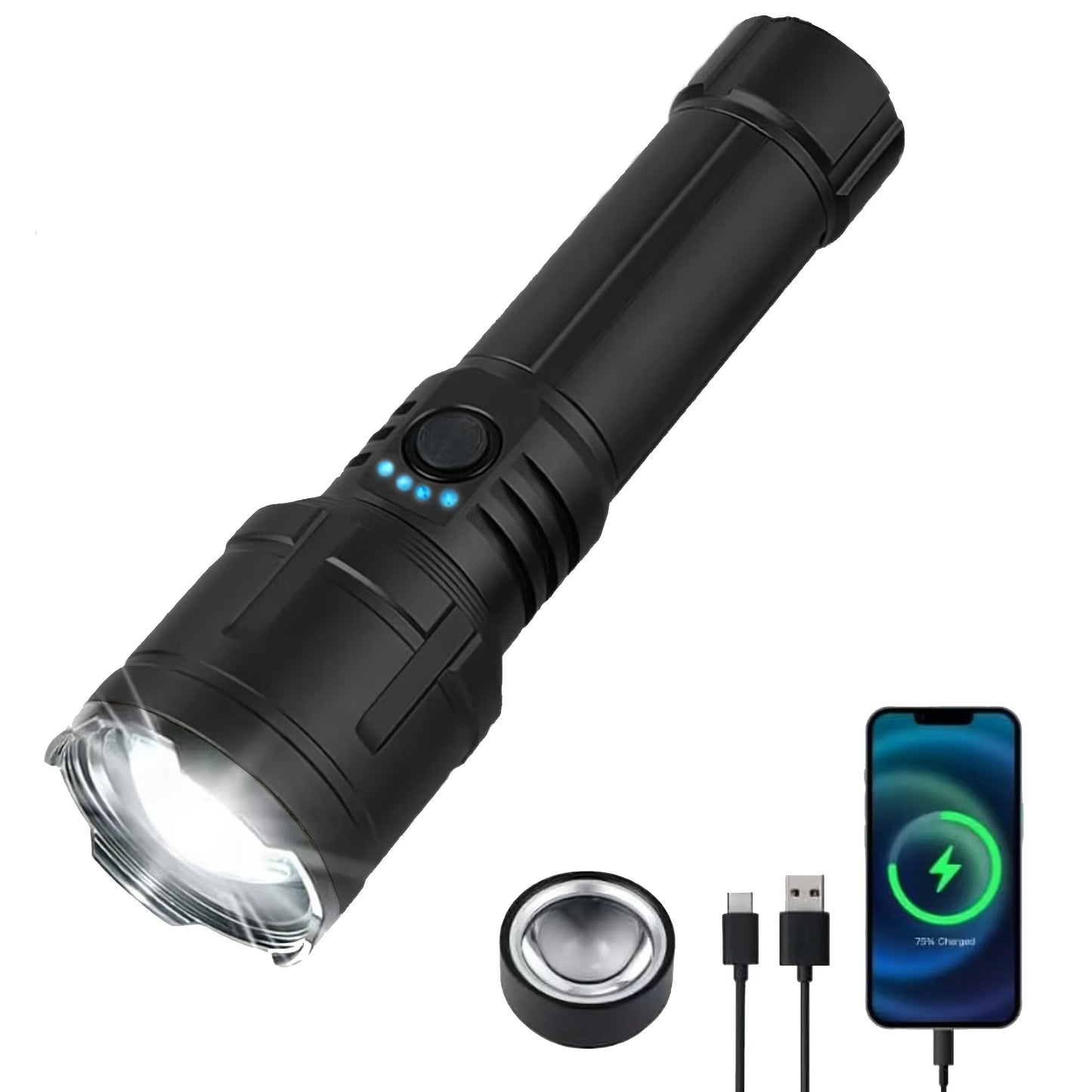 Zoomable LED Flashlight with Lens Ignition Function, Rechargeable High Power Tactical Flashlight, USB Charging Portable Torch with Power Indicator Light, Perfect for Outdoor Camping, Survival & Emergency Use