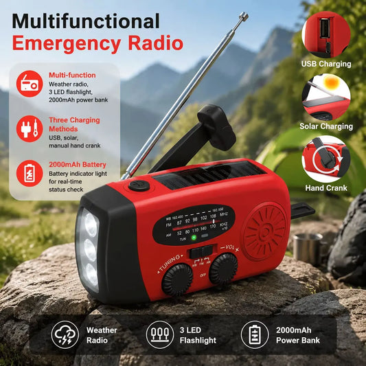 Portable Solar Hand Crank Emergency Radio 2000mAh Power Bank FM AM NOAA Weather Alert LED Flashlight Survival Kit Hurricane Supplies Emergency Preparedness for Home Blackout Severe Weather Camping Outdoor