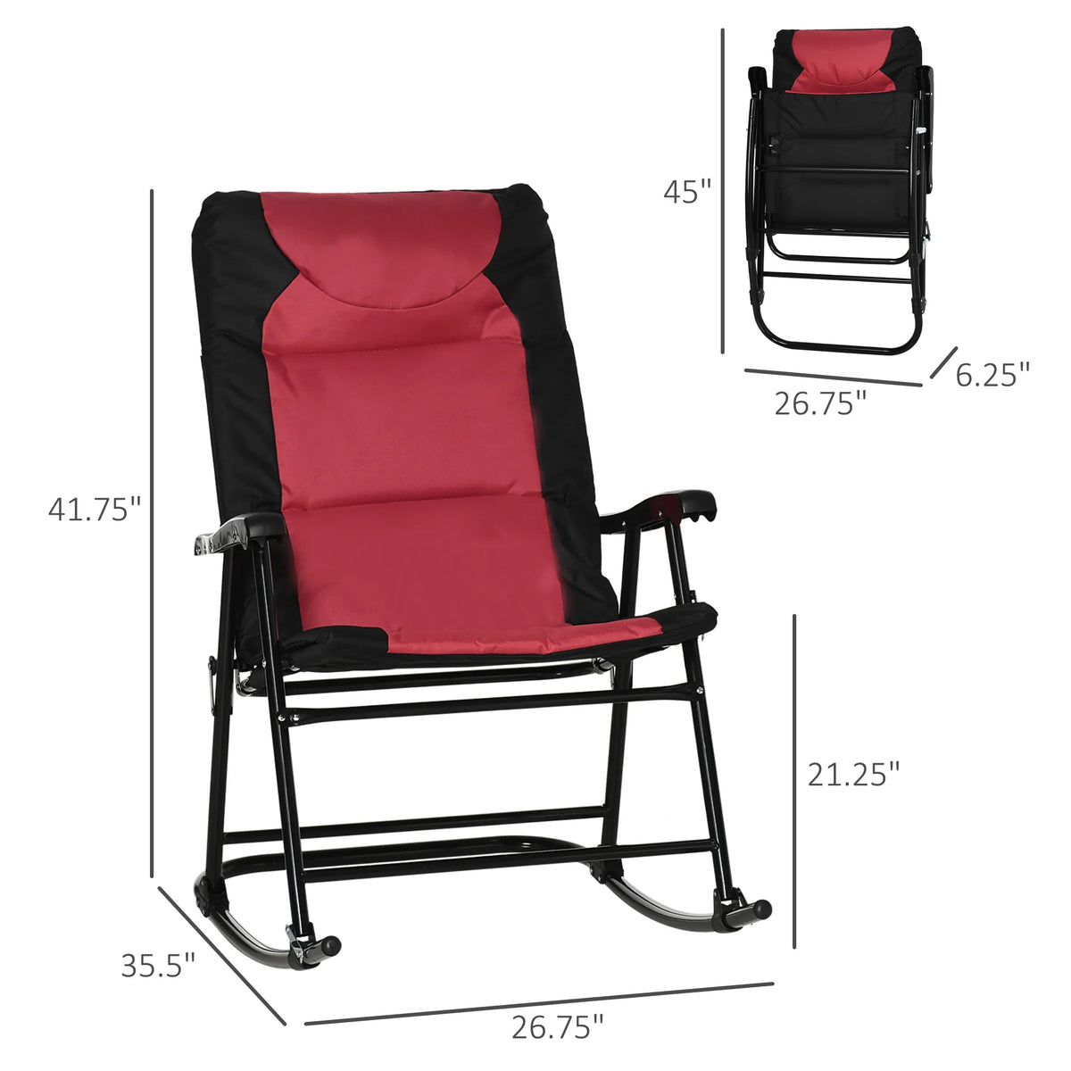 2PC Oversized Folding Rocking Camping Chairs, Portable Outdoor Rockers, Red