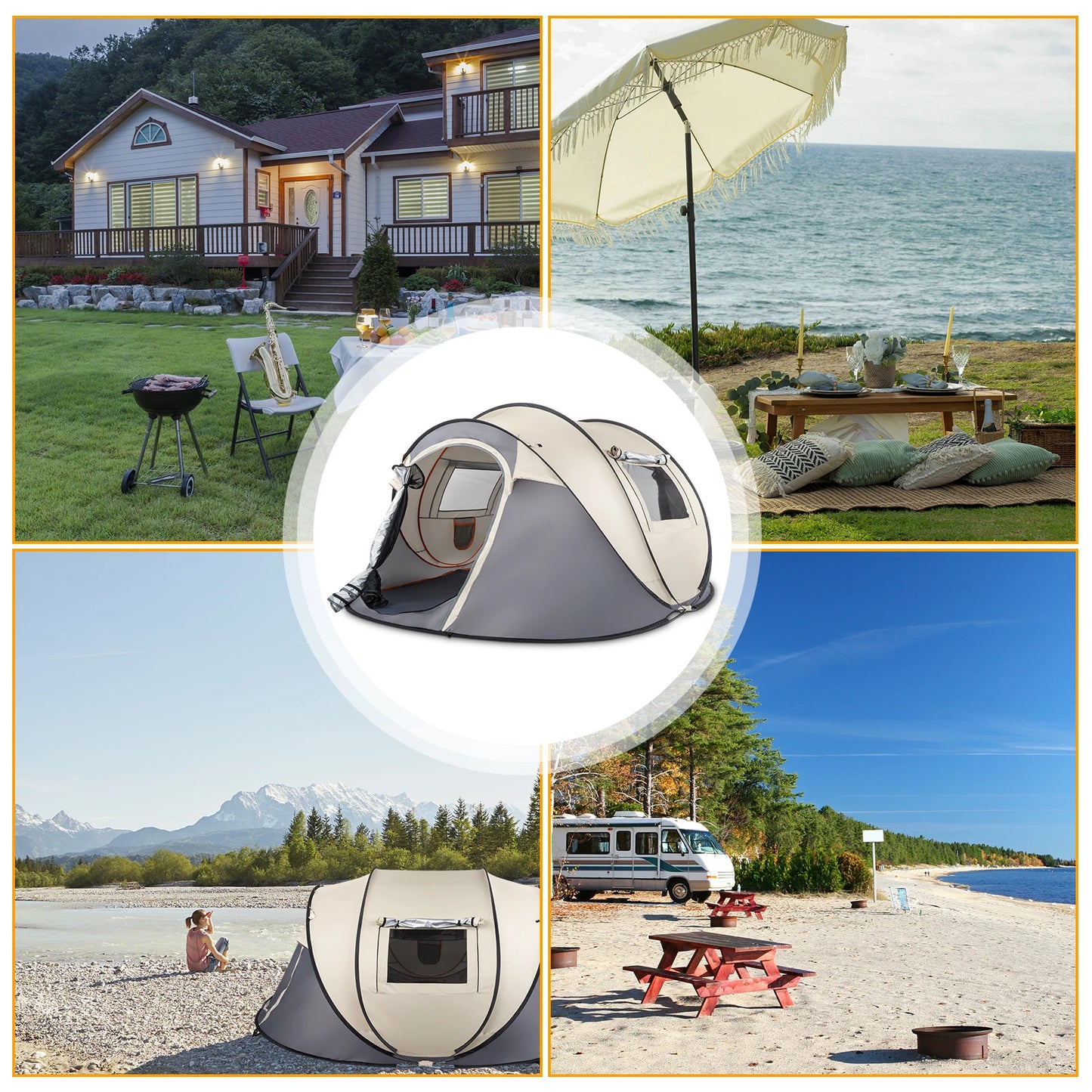 4 Person Pop Up Tent Instant Setup Family Camping Portable Waterproof 190T Polyester Fiberglass Poles with Vestibule Khaki