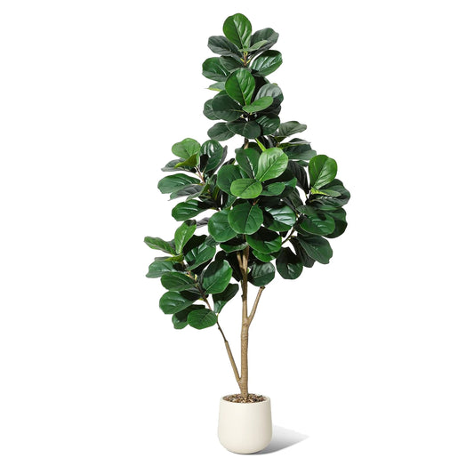 4-7 FT Fiddle Leaf Fig Tree Artificial Realistic Faux Ficus Lyrata Trees in White Planter Pot, Fake Floor Plants for Home Garden